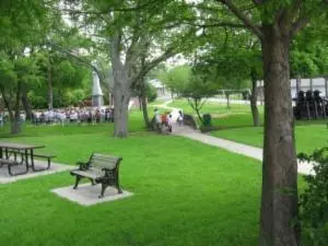 benches, green lawn, and trees