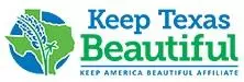 blue Keep Texas Beautiful text and an outline of Texas