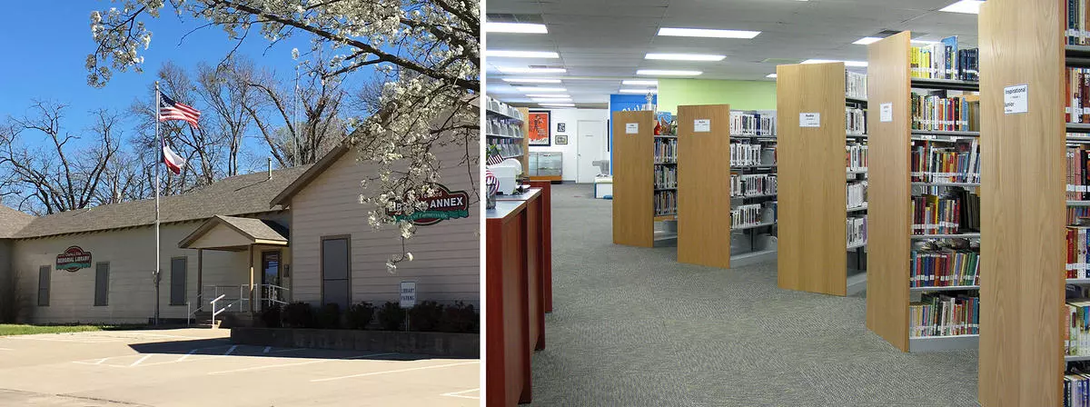 Rike Library building photo next to photo of library interior with book cases