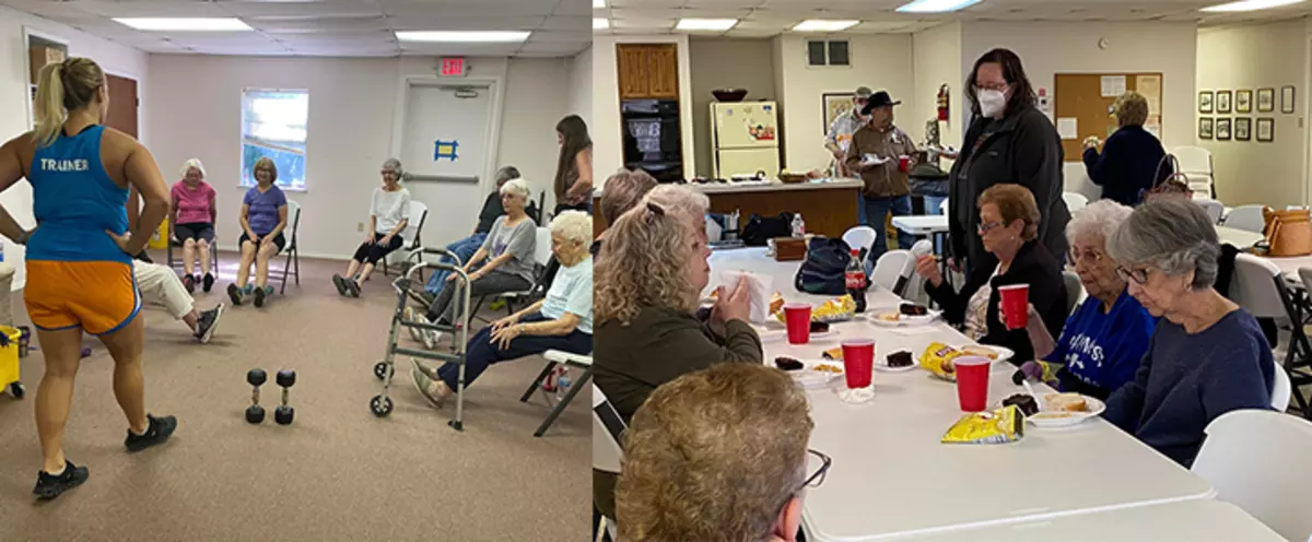 seniors eating and working out together