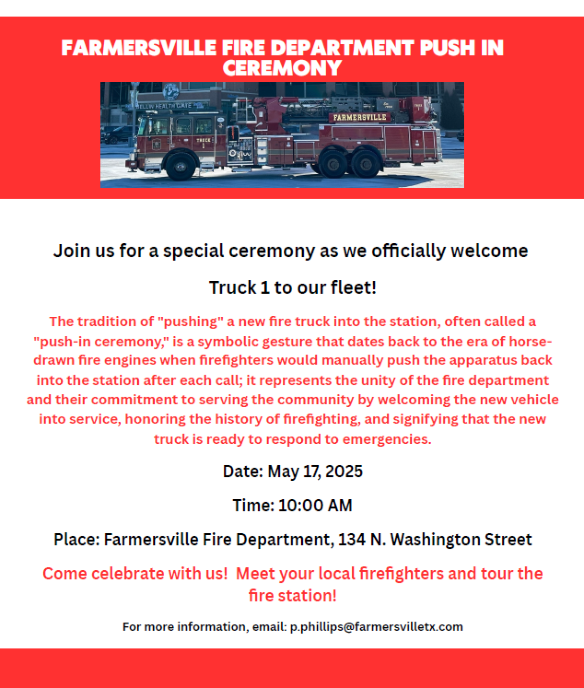 Fire Dept. Push In Ceremony May 17, 2025 at 10 a.m.